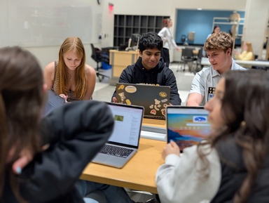 Image of 5 students sitting around a classroom table with their laptops. Two students in the forefront have their backs to the camera and are blurred. On the other side of the table are three students in focus. One girl works on her laptop. Two boys are looking at something on one's screen.