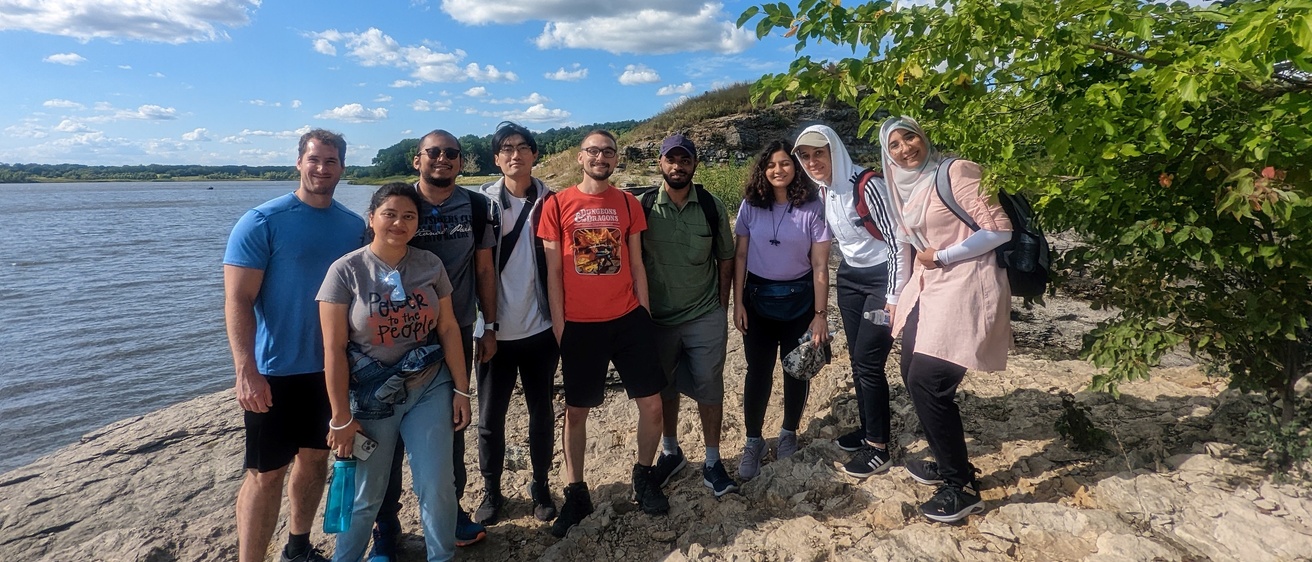 UI College of Pharmacy students during a hike at Iowa's Lake Macbride State Park.