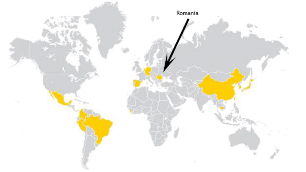 arrow pointing to Romania on a map with yellow for additional fulbright locations