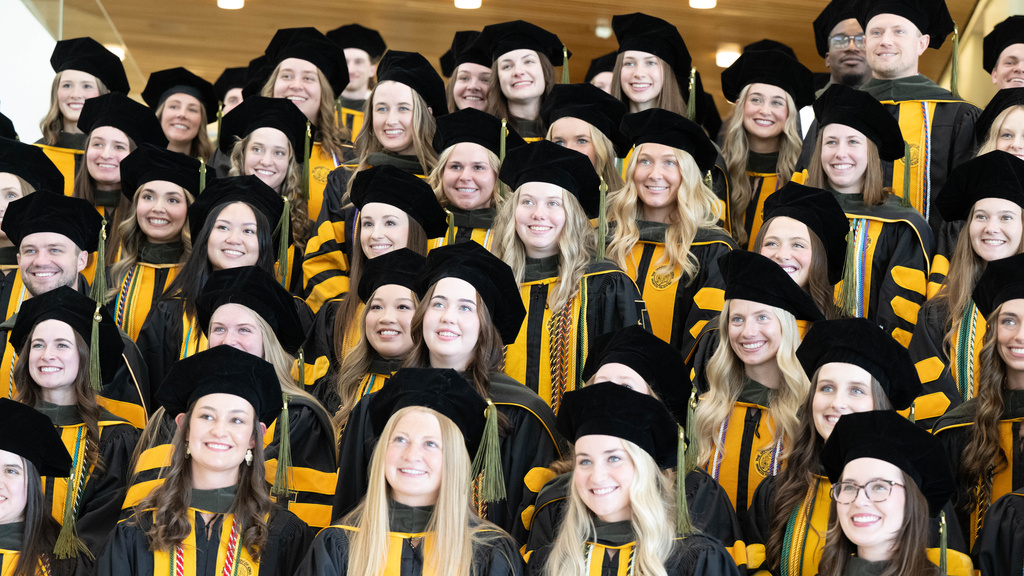 Group photo of University of Iowa College of Pharmacy Doctor of Pharmacy graduates wearing black commencement regalia with gold academic hoods and caps, smiling during the Class of 2026 commencement ceremony.